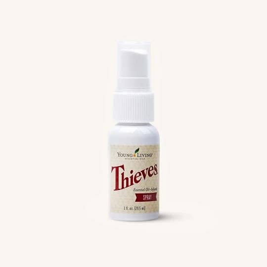Thieves Spray is a natural home cleaning solution with essential oils like clove, lemon, cinnamon, and eucalyptus.