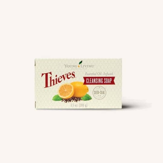 Thieves Cleansing Soap with nourishing oils like olive, jojoba, and Thieves essential oil for purifying and moisturizing skin.