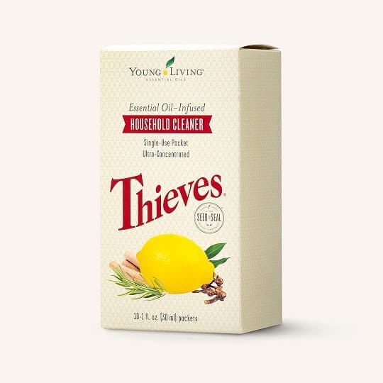 Thieves® Household Cleaner single-use packets, a plant-based cleaning solution infused with Thieves essential oil for a natural, non-toxic home clean.