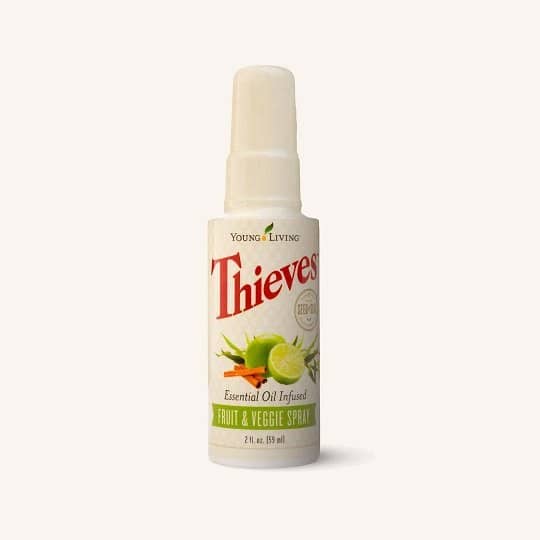 Thieves Fruit & Veggie Spray cleans produce naturally with essential oils, removing pesticides and residue.