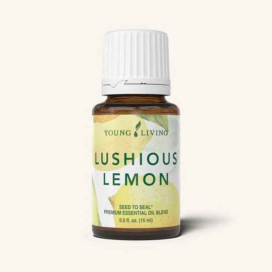 Lushious Lemon essential oil bottle with citrus and floral ingredients.